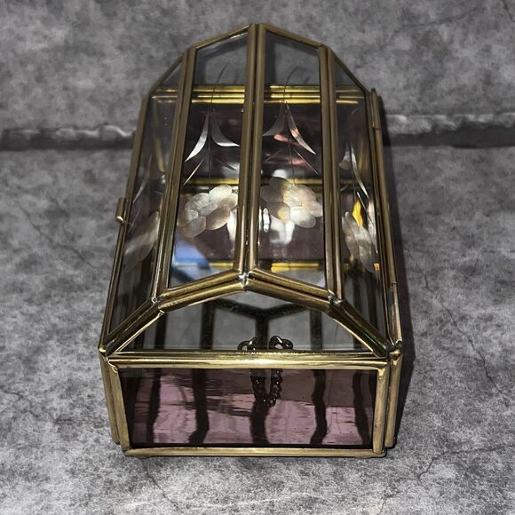 VTG Via Vermont LTD Gorgeous Floral Etched Tinted Glass & Brass Trinket Box 5x3 - Picture 4 of 6
